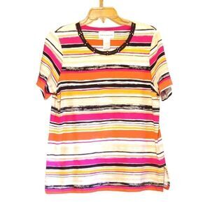 Alfred Dunner Studded Neckline Striped Top Sz M Pink Orange